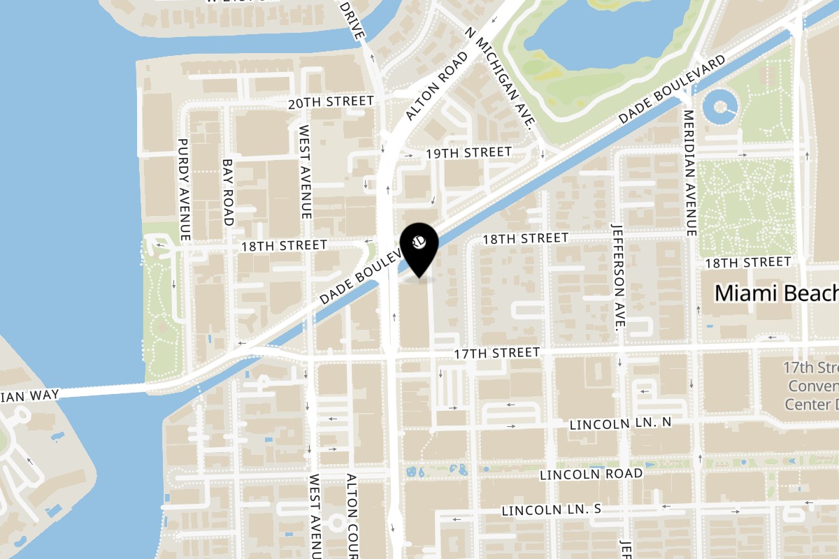 Map showing the location of Naomi's Garden South Beach on 1755 Alton Rd in Miami Beach